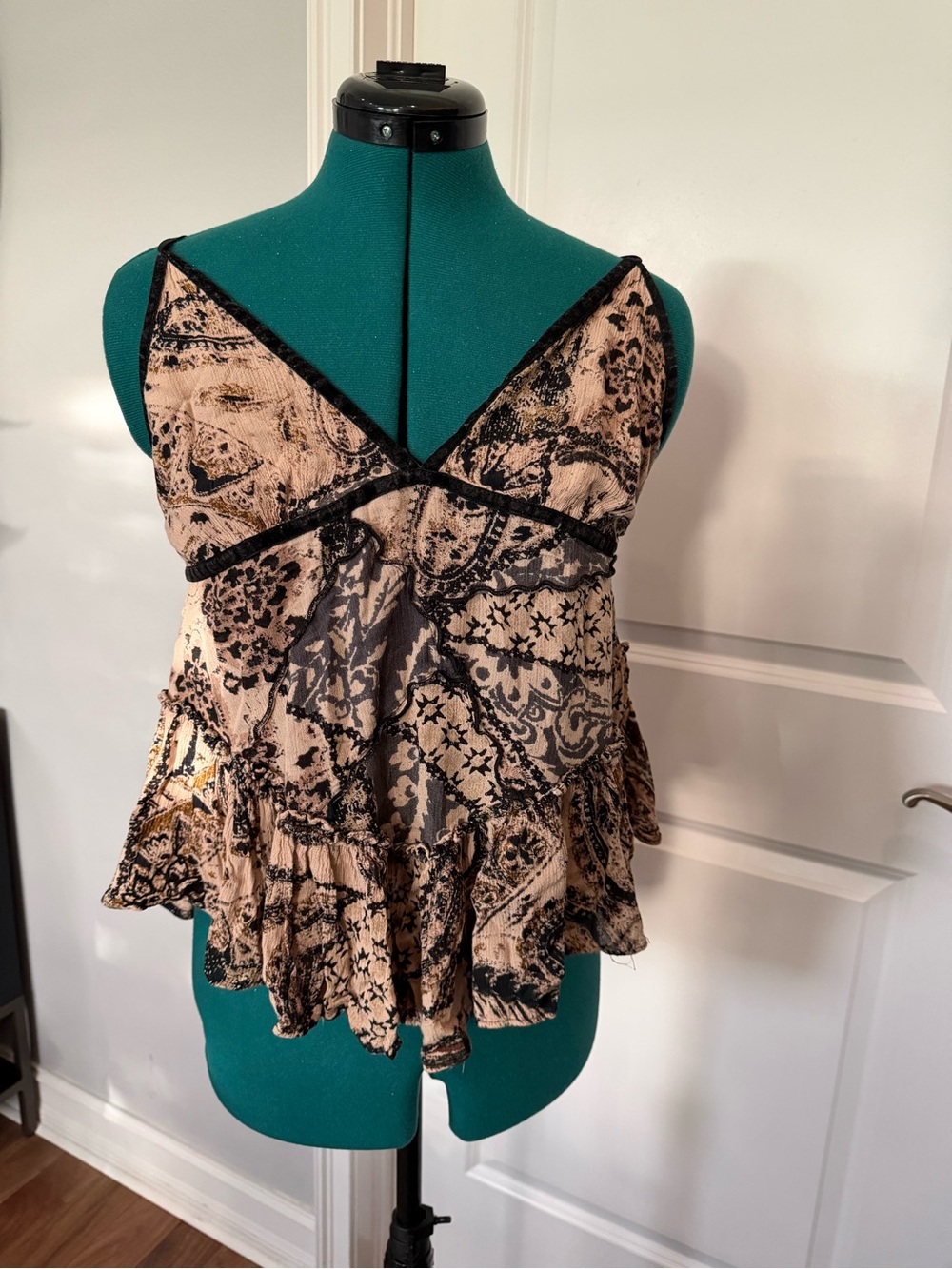 Free People V-Neck Floral Lace Trim Tank Top in Beige and Black